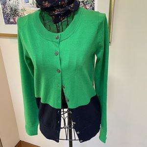 Green and blue color block J.crew cardigan